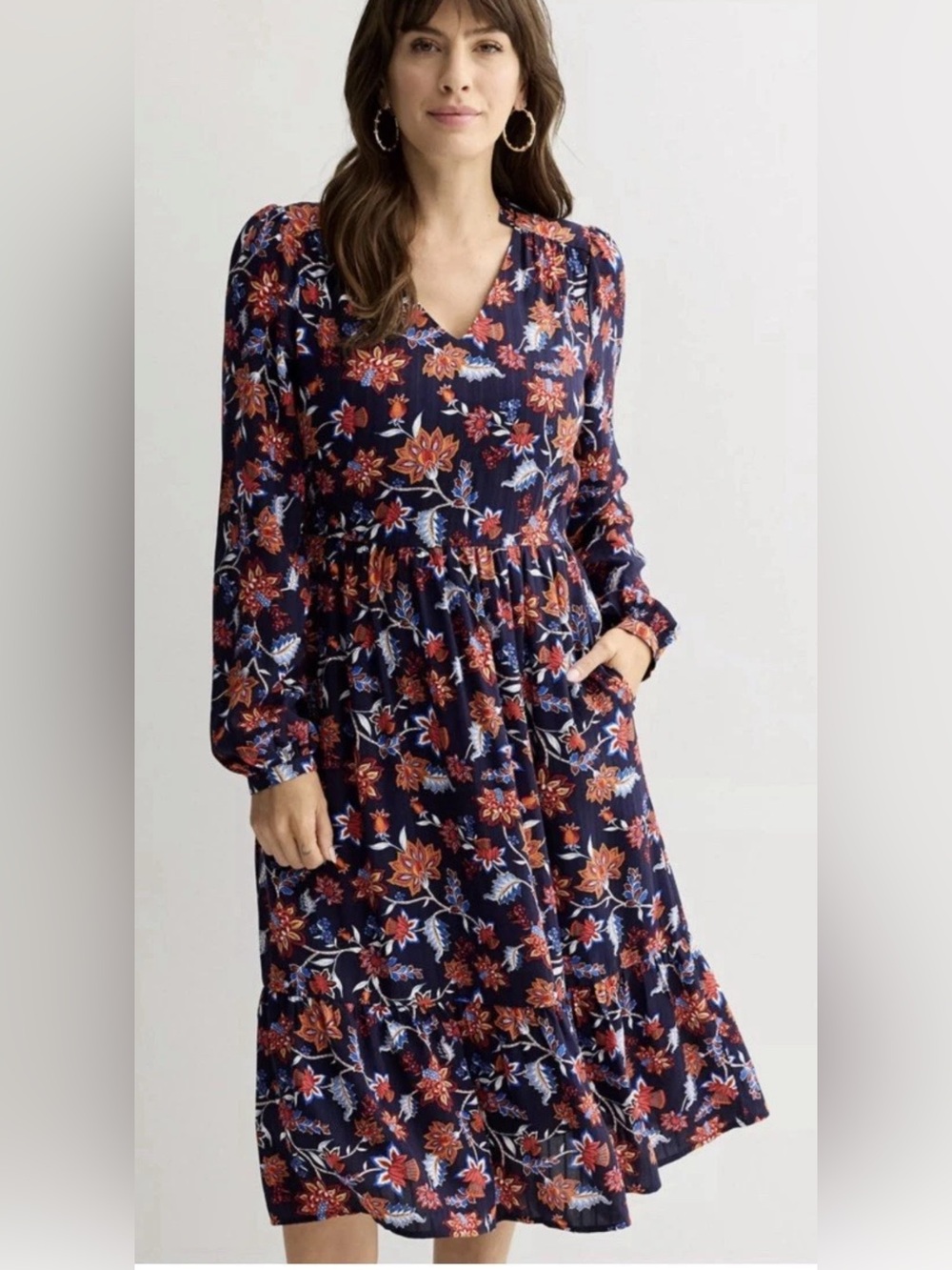 Draper James Navy Floral Long-Sleeve Midi Dress with Rust & White Flowers